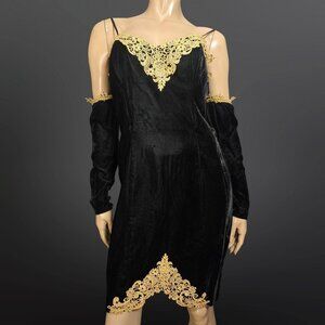 Vintage 80s Black Velvet Short Cocktail Party Prom Dress Gold Lace Trim Size M